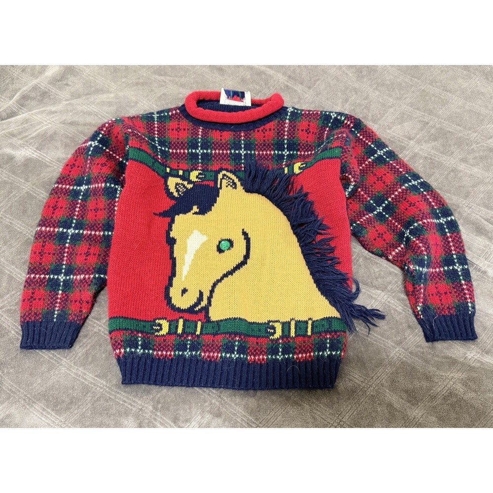 Vintage Heartworks Horse Sweater 3D Horse Yarn Horse Mane Plaid Medium 5-6 USA